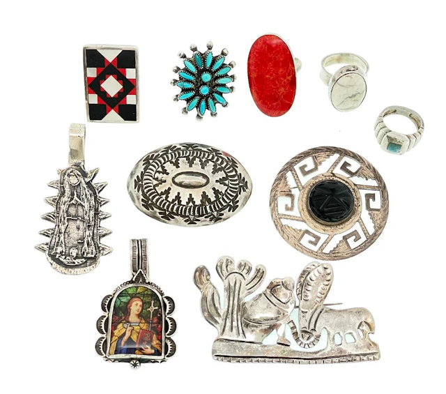 LOT OF 10 ASSORTED STERLING SILVER STONE RINGS, BROOCHES & PENDANT