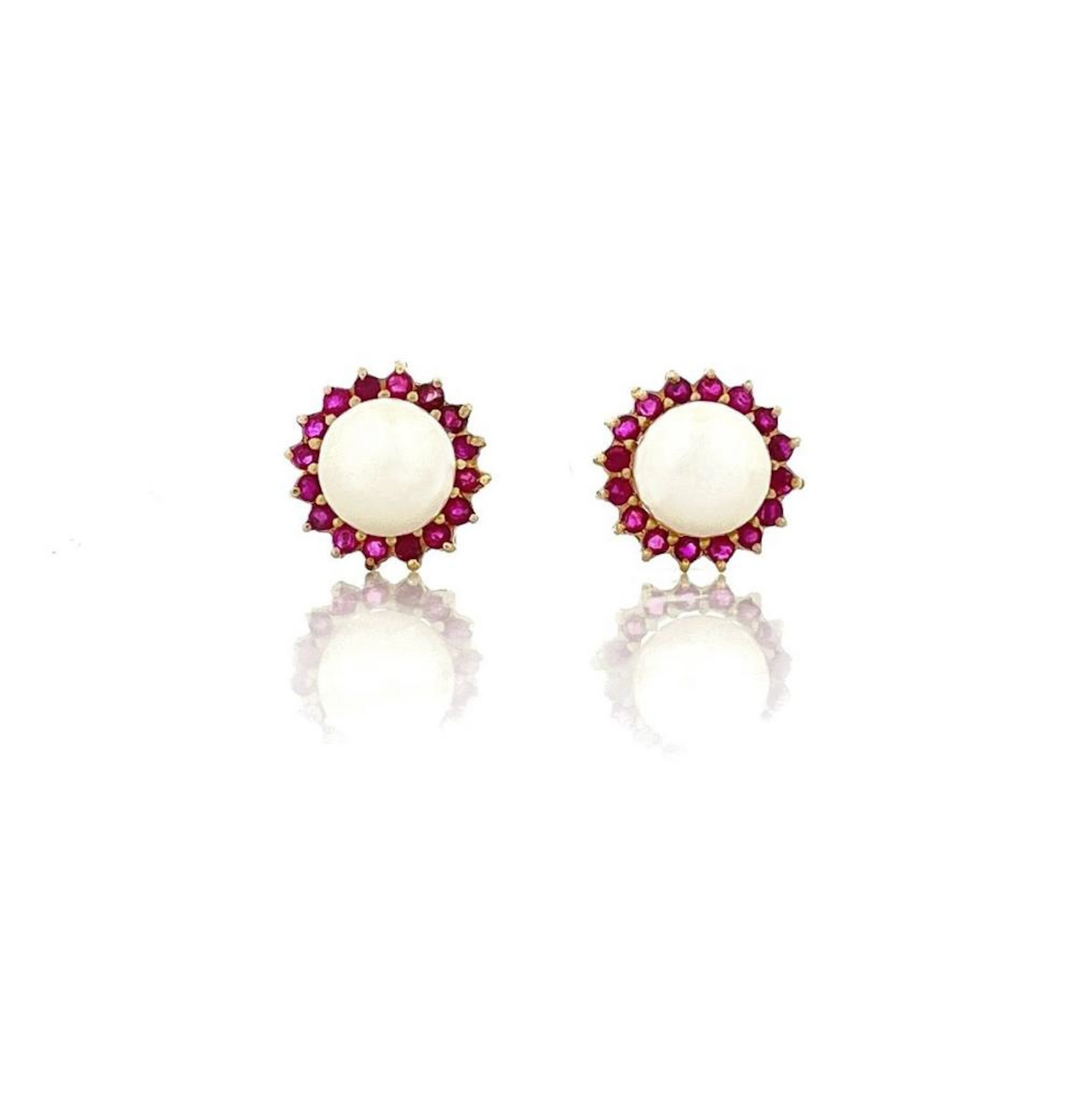 14K YELLOW GOLD .64 RUBY & PEARL HALO EARRINGS