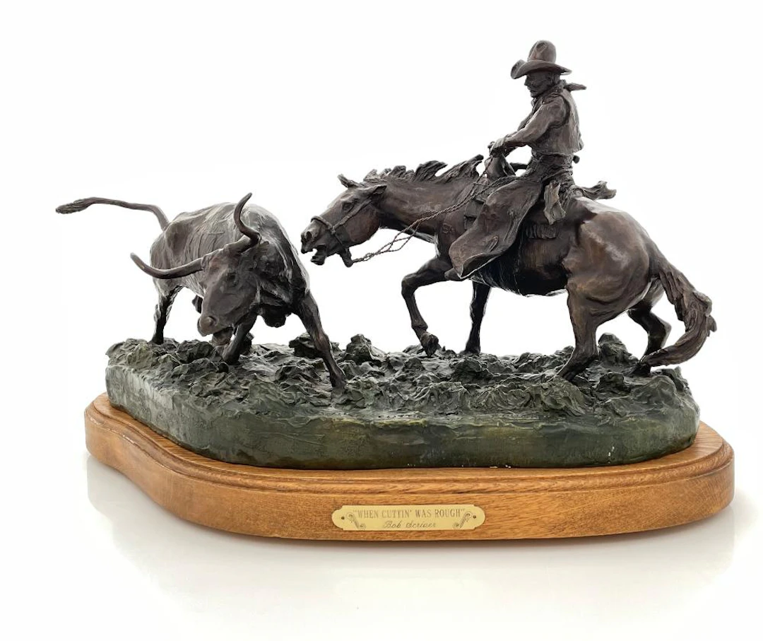 BOB SCRIVER "WHEN CUTTIN WAS ROUGH" BRONZE SCULPTURE
