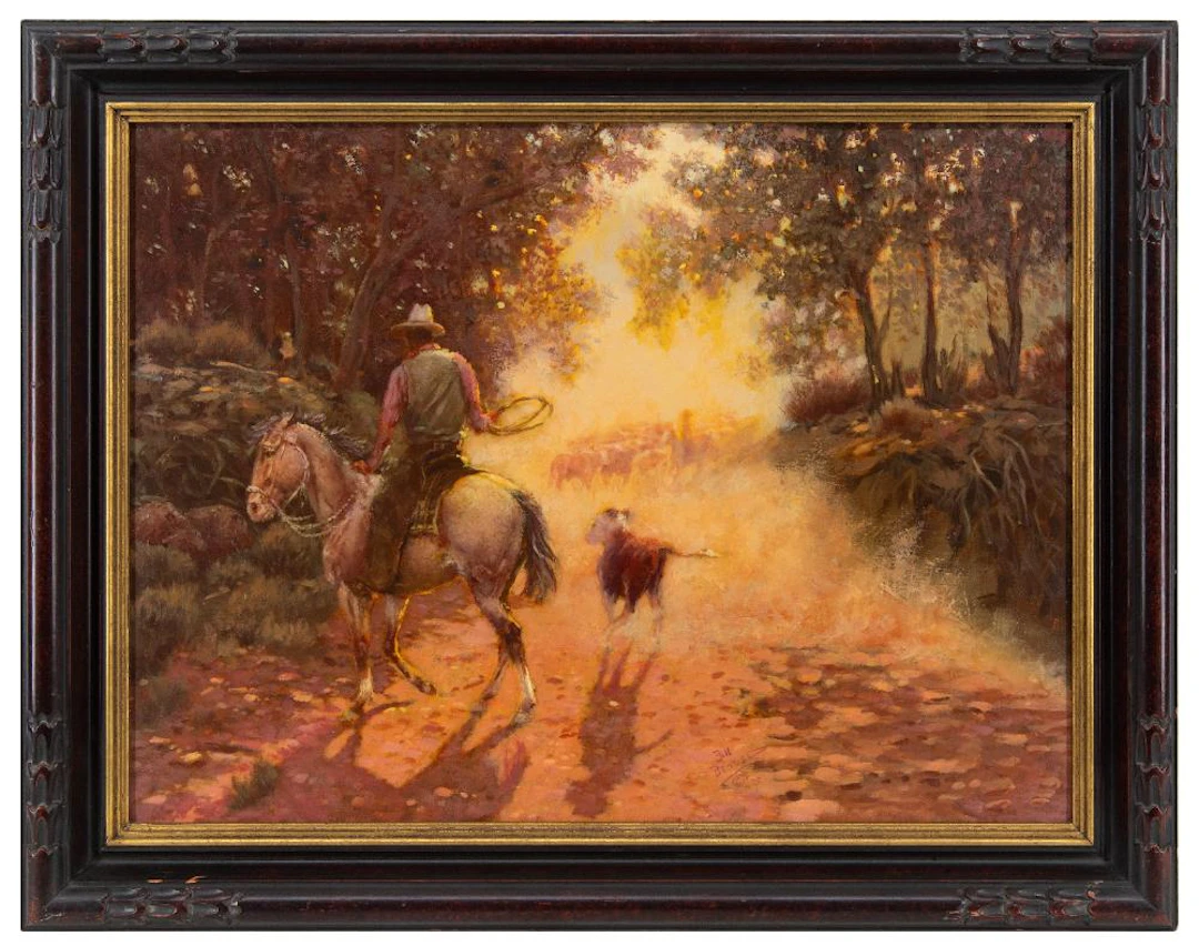 BILL BENDER "GET-A-LONG LITTLE DOGIE" OIL ON BOARD