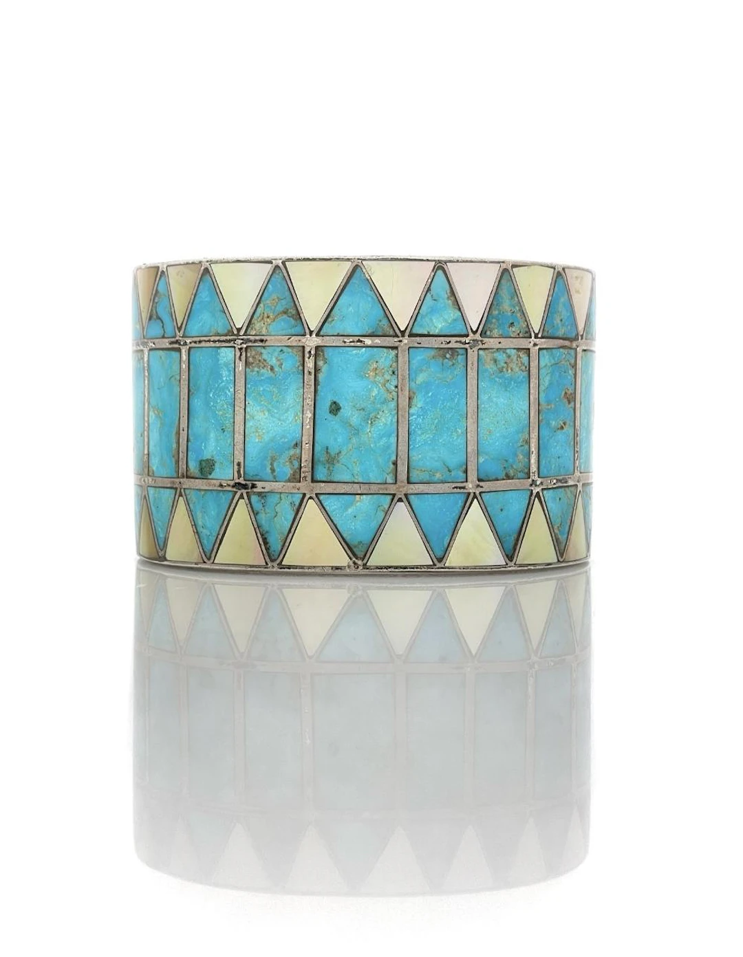 BRUGH TSOSIE NAVAJO STERLING SILVER TURQUOISE & MOTHER OF PEARL INLAY CUFF
