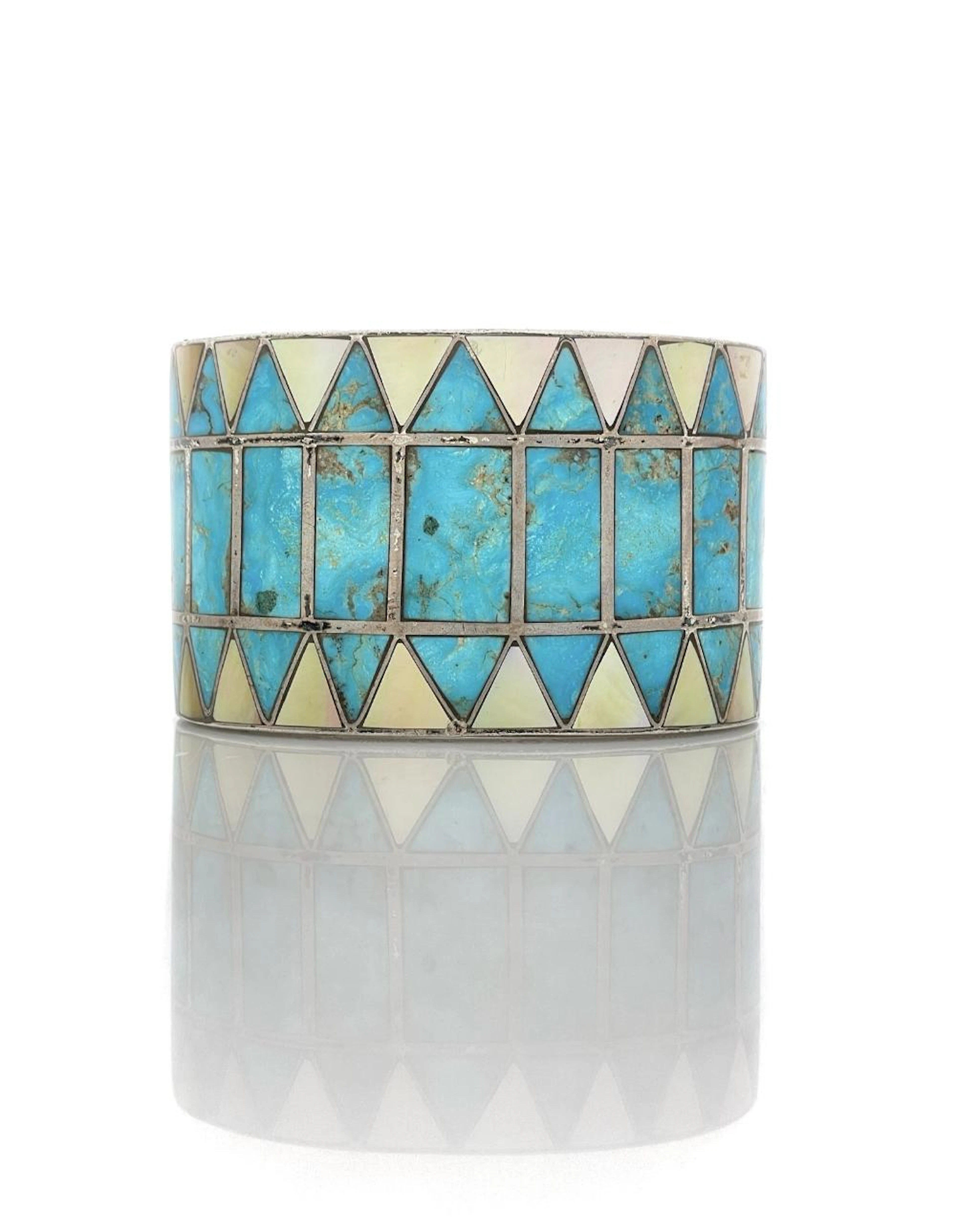 BRUGH TSOSIE NAVAJO STERLING SILVER TURQUOISE & MOTHER OF PEARL INLAY CUFF