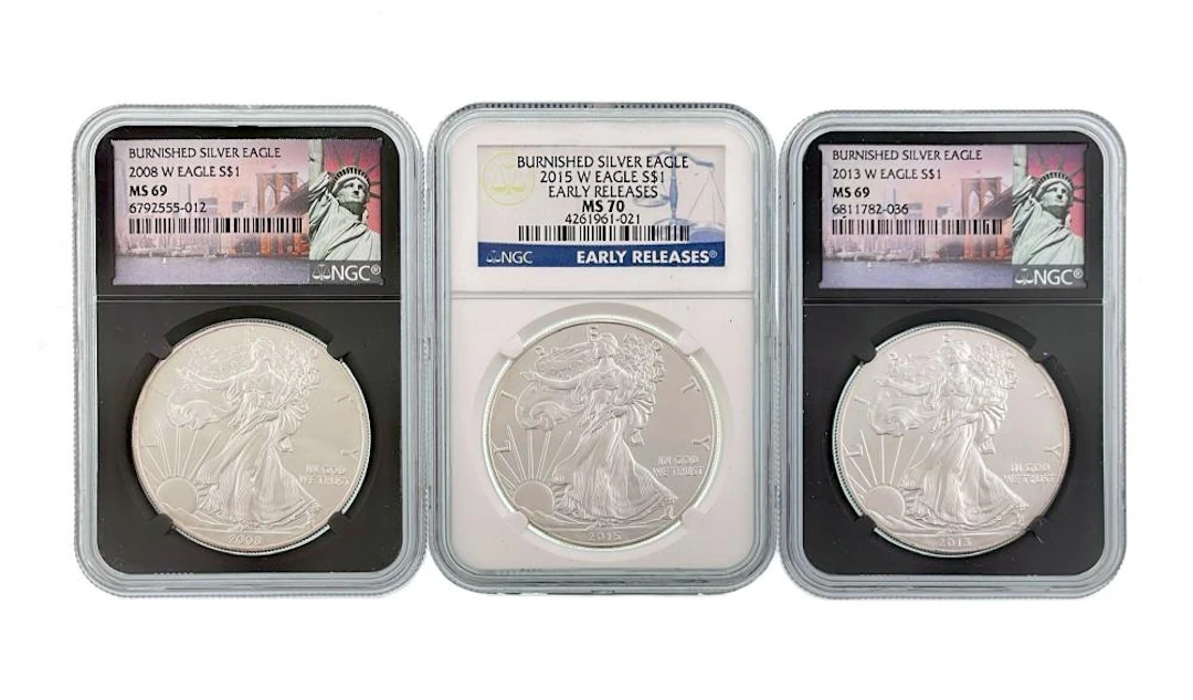 LOT OF 3 GRADED BURNISHED AMERICAN SILVER EAGLES