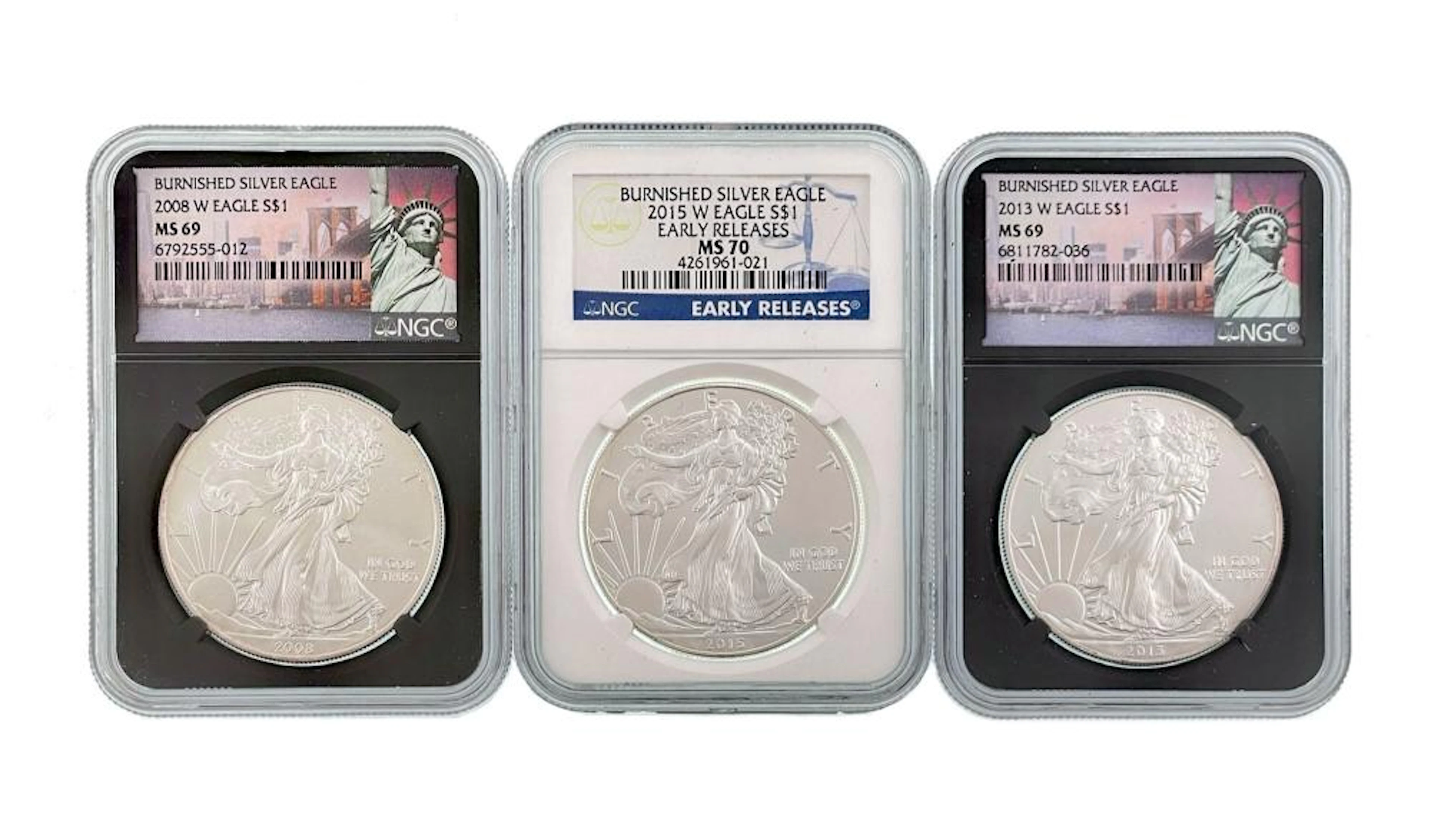 LOT OF 3 GRADED BURNISHED AMERICAN SILVER EAGLES