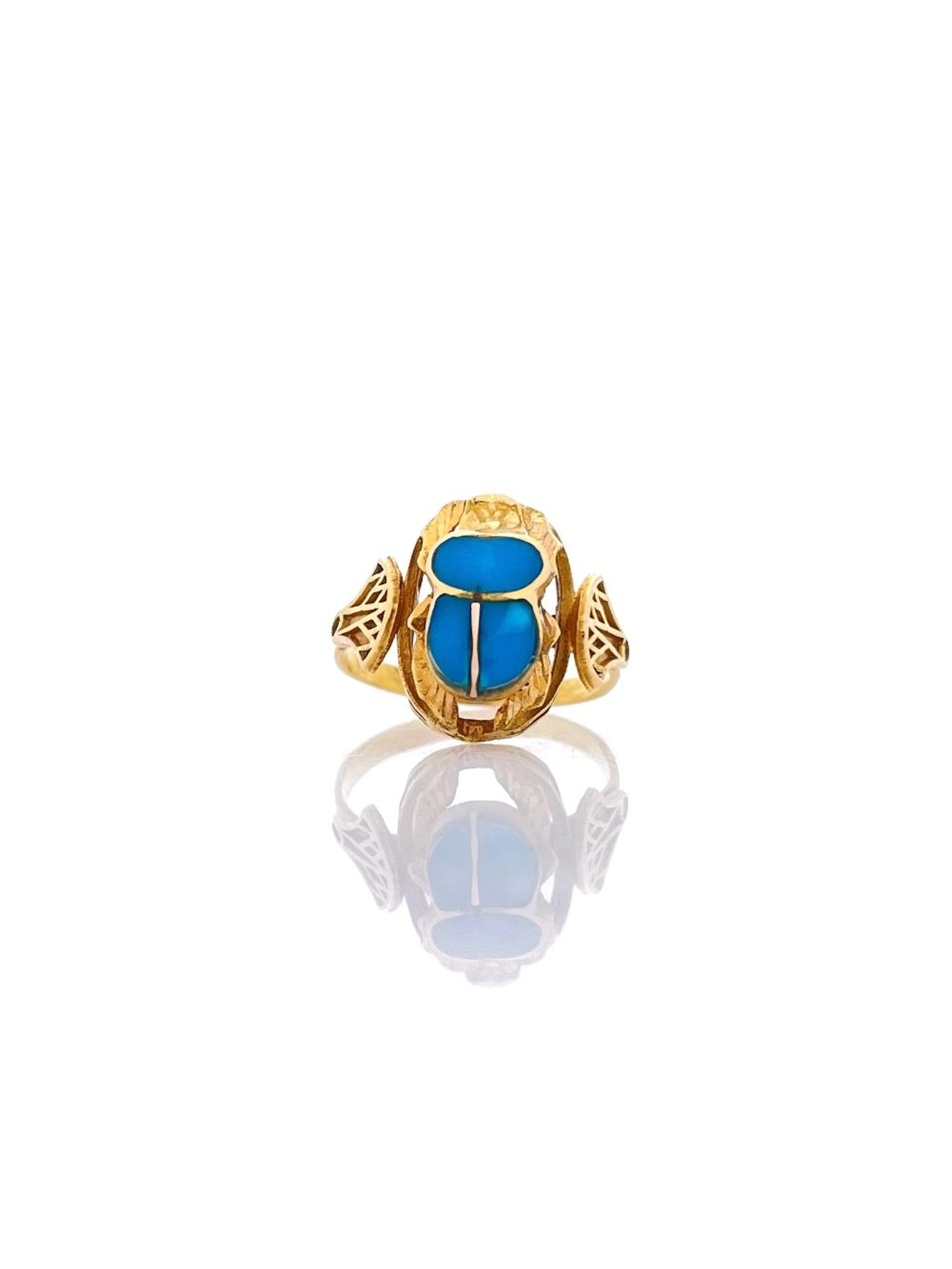 EGYPTIAN 18K YELLOW GOLD TURQUOISE SCARAB RING