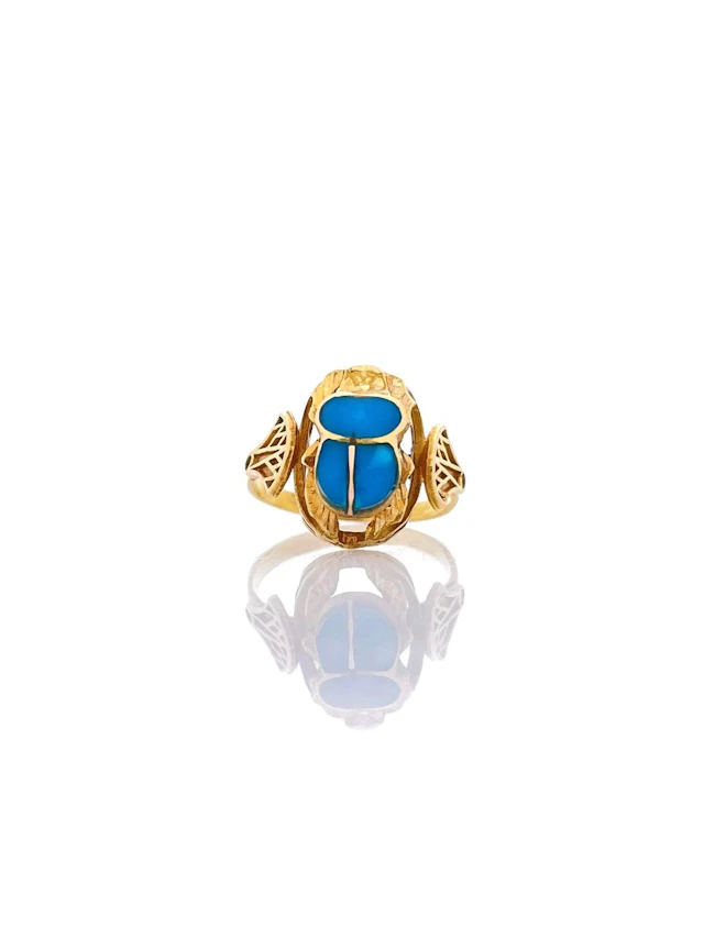 EGYPTIAN 18K YELLOW GOLD TURQUOISE SCARAB RING
