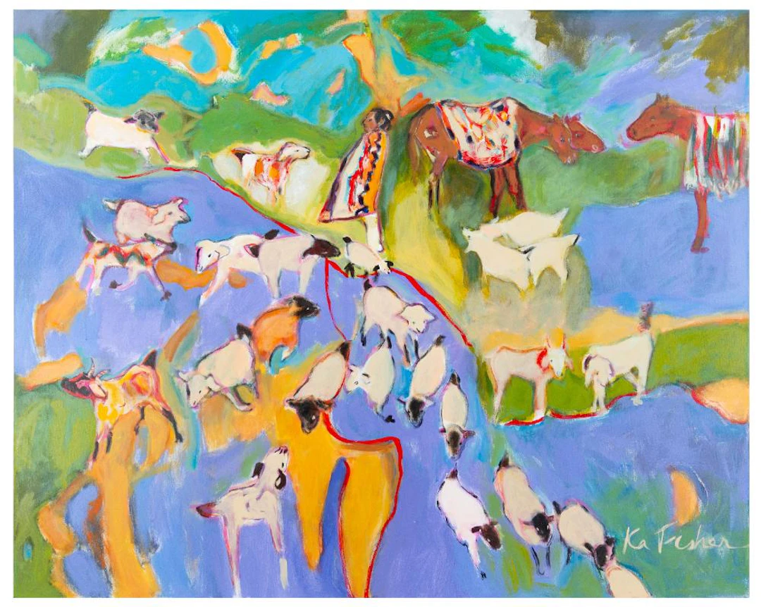 KA FISHER "LITTLE STORIES II" ACRYLIC ON CANVAS