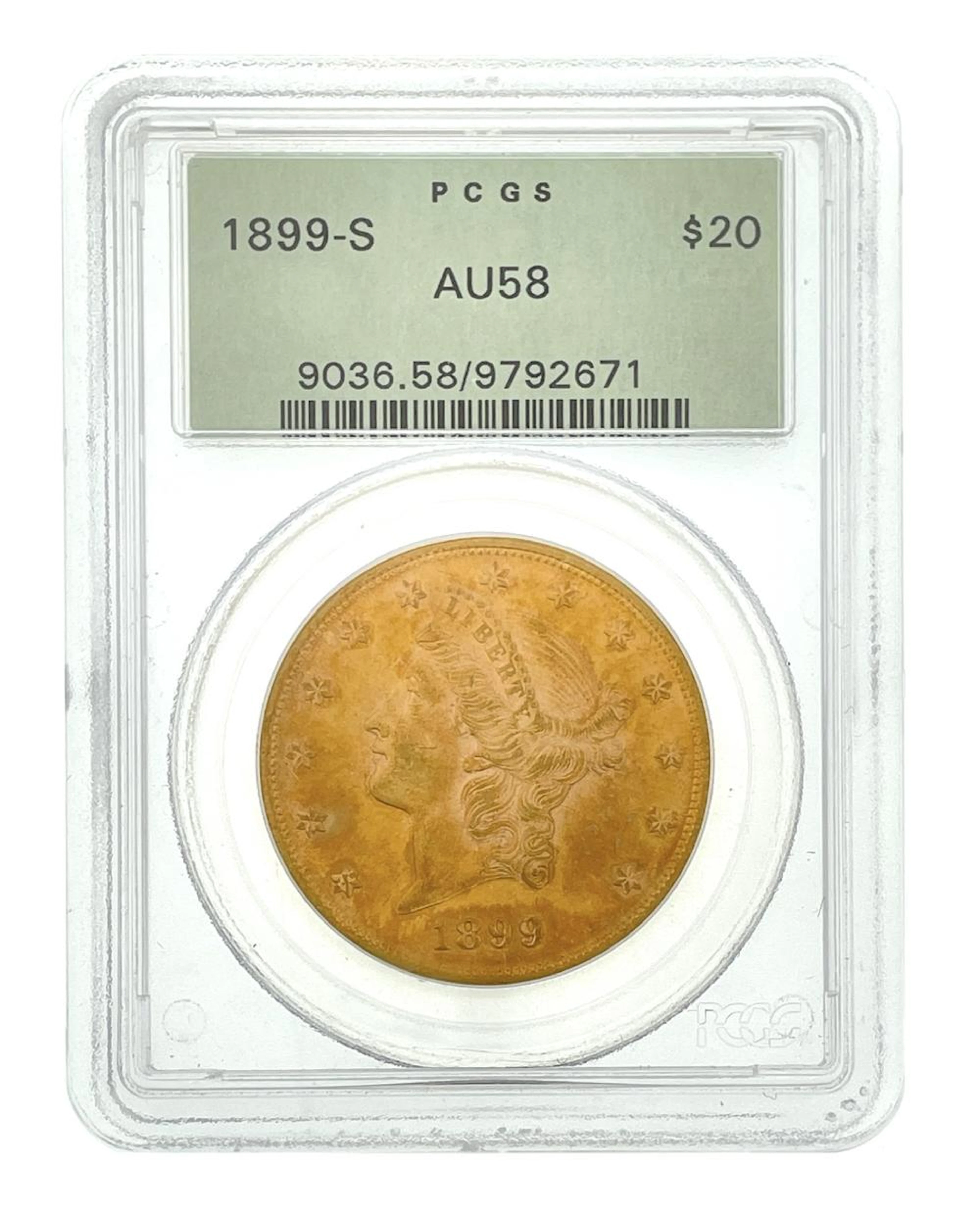 1899-S $20 LIBERTY HEAD GOLD DOUBLE EAGLE PCGS AU58