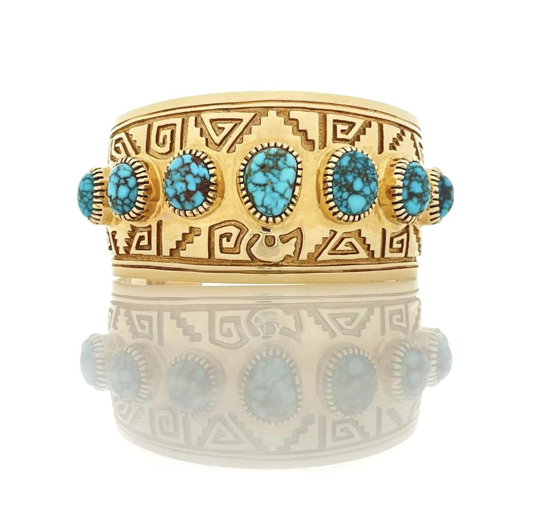 VERNON HASKIE NAVAJO 14K YELLOW GOLD TURQUOISE CUFF