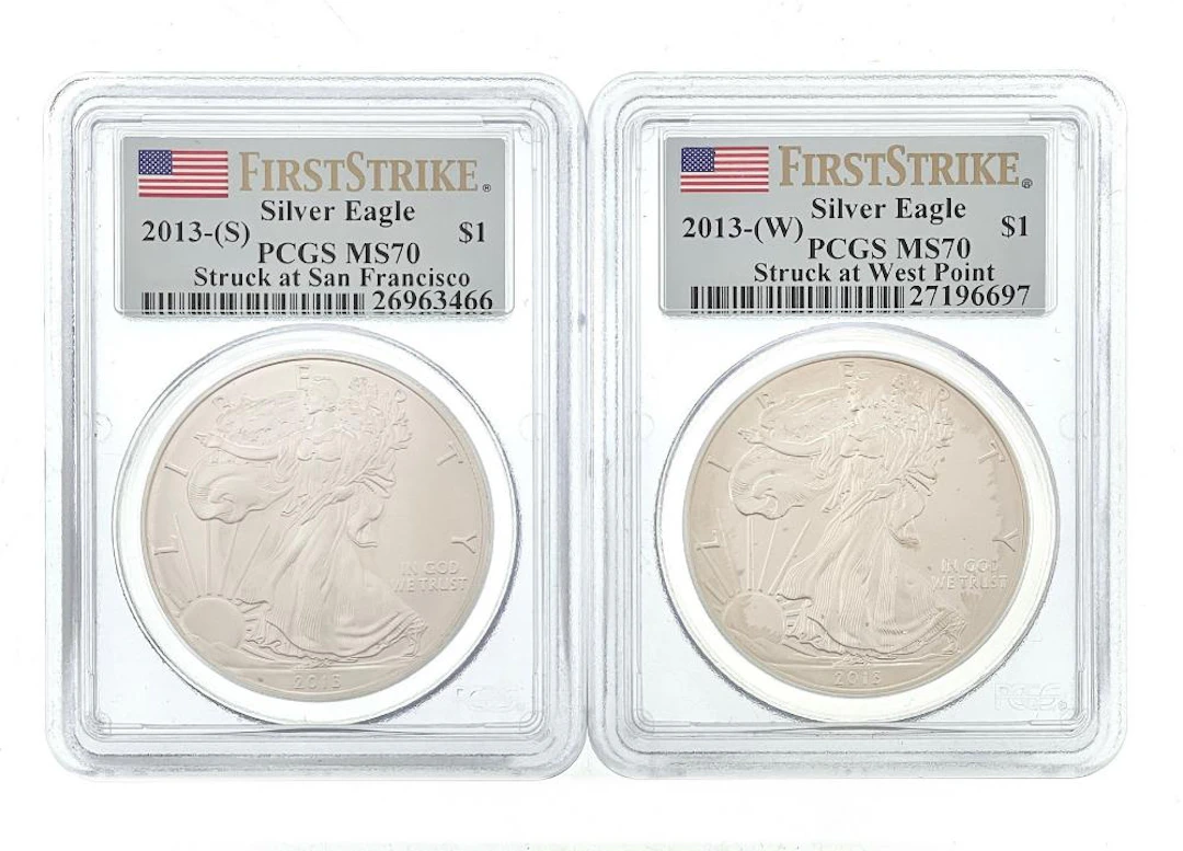 LOT OF 2 2013-S-W AMERICAN SILVER EAGLES FIRST STRIKE PCGS MS70