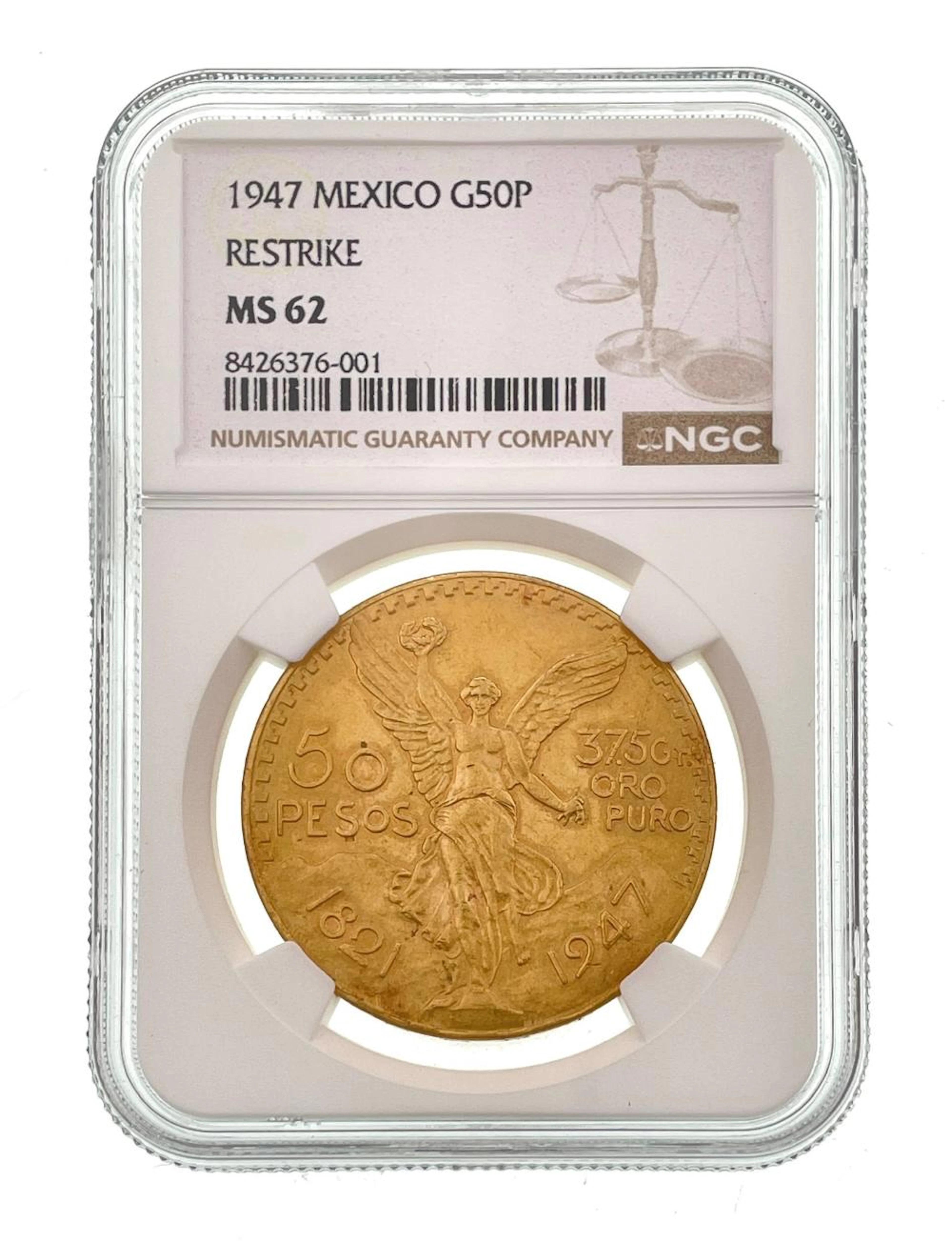 1947 MEXICO GOLD 50 PESOS RESTRIKE NGC MS62