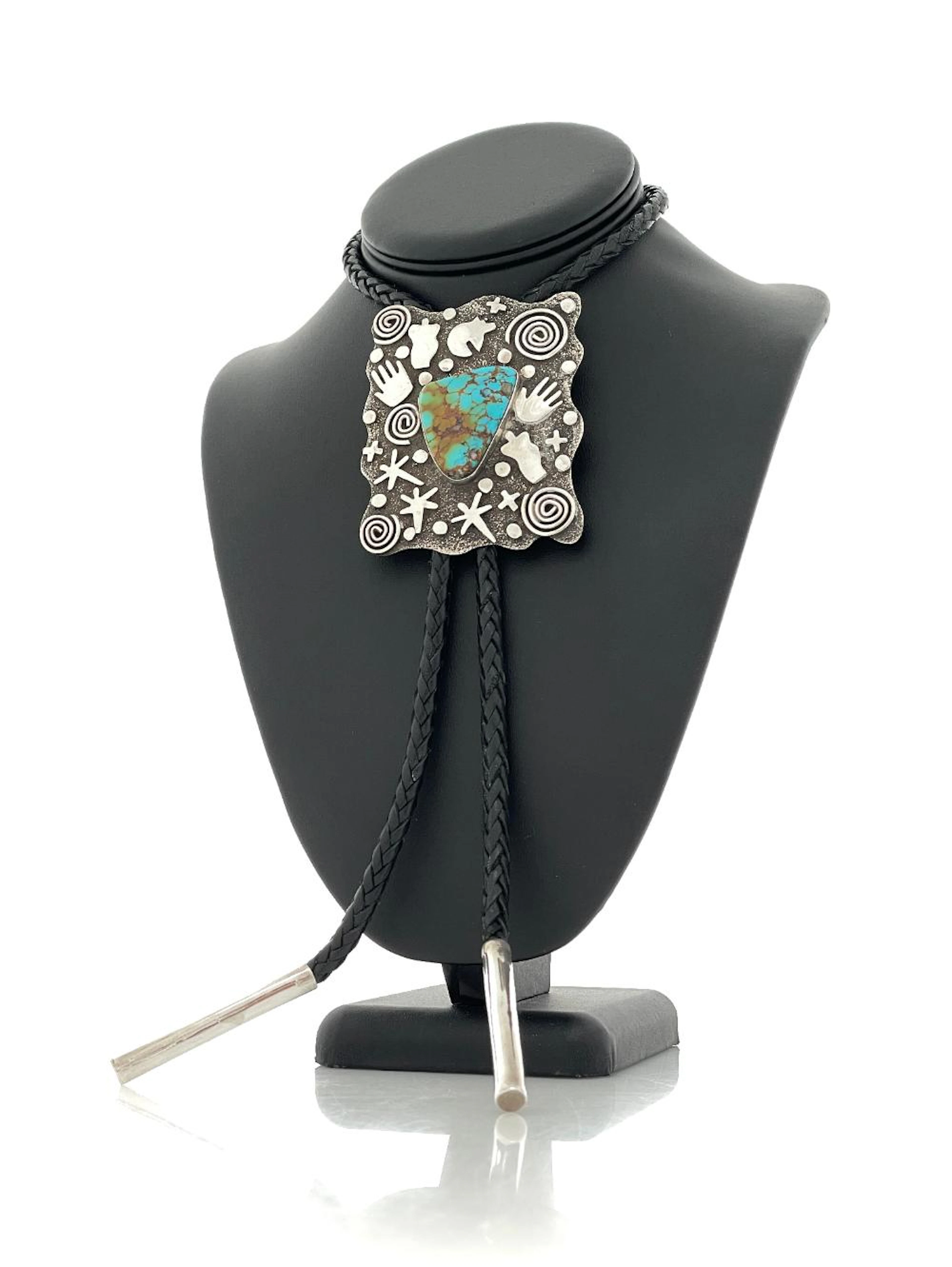 ALEX SANCHEZ NAVAJO STERLING SILVER TURQUOISE PETROGLYPH BOLO TIE