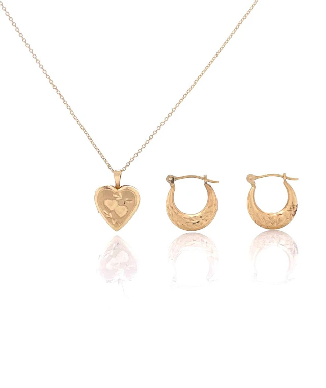 3PC 14K YELLOW GOLD HEART LOCKET PENDANT NECKLACE & HOOP EARRINGS