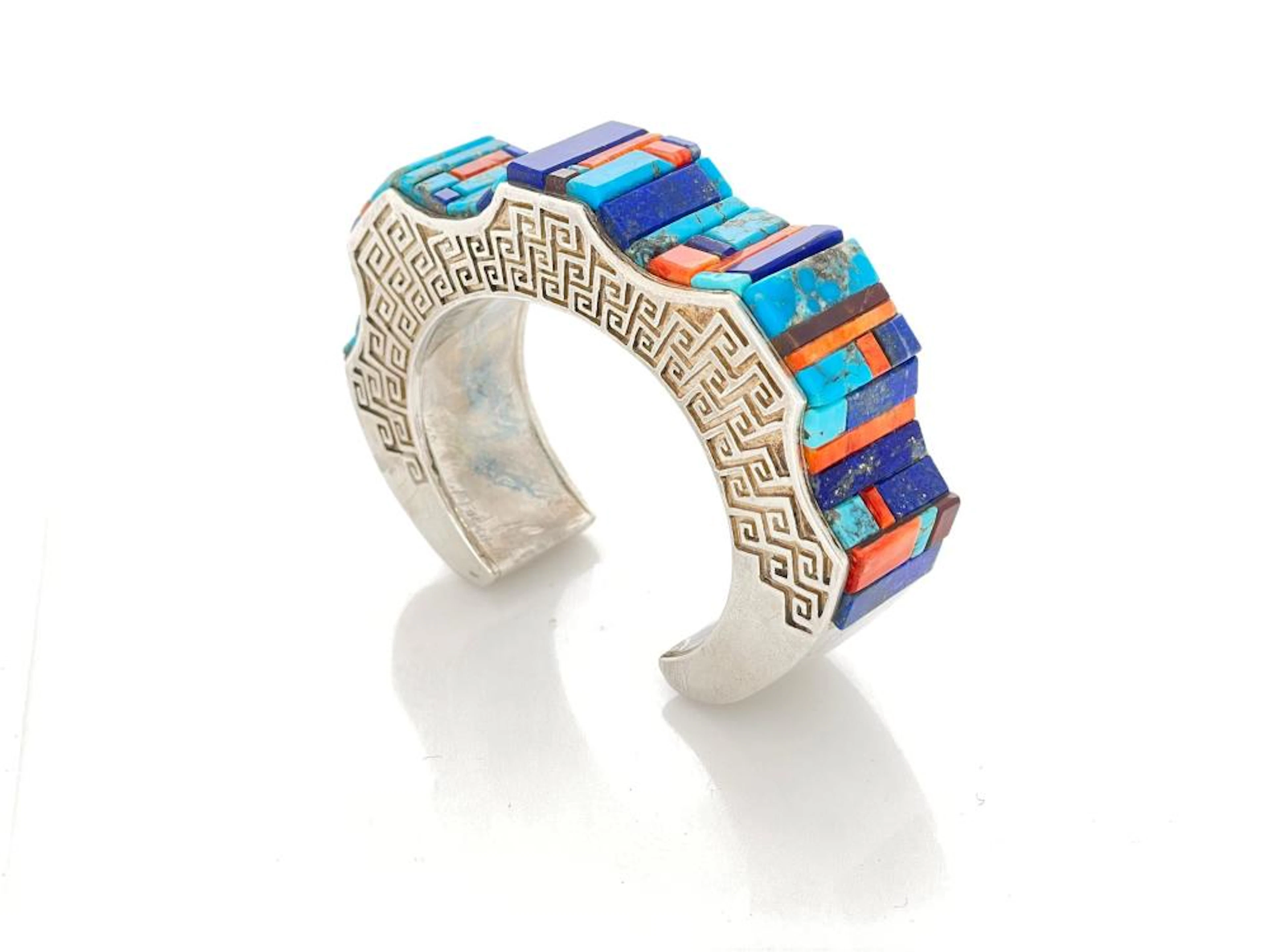 HANK WHITETHORNE NAVAJO STERLING SILVER MULTI STONE INLAY CUFF