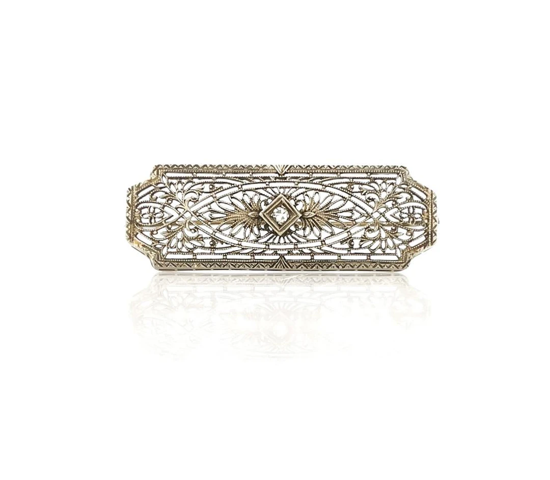 ART DECO 10K WHITE GOLD DIAMOND BROOCH