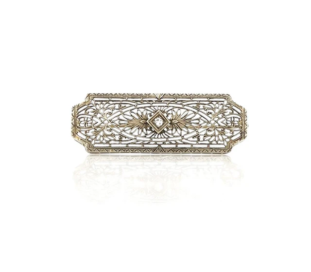 ART DECO 10K WHITE GOLD DIAMOND BROOCH