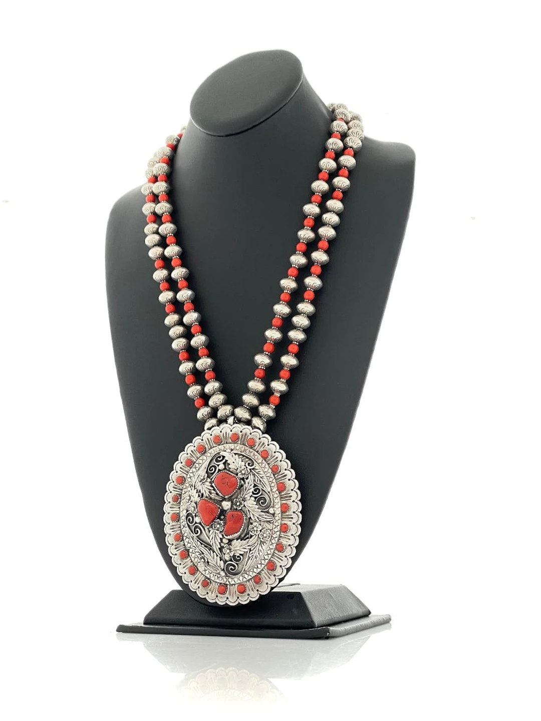 SOUTHWESTERN STERLING SILVER CORAL PENDANT NECKLACE