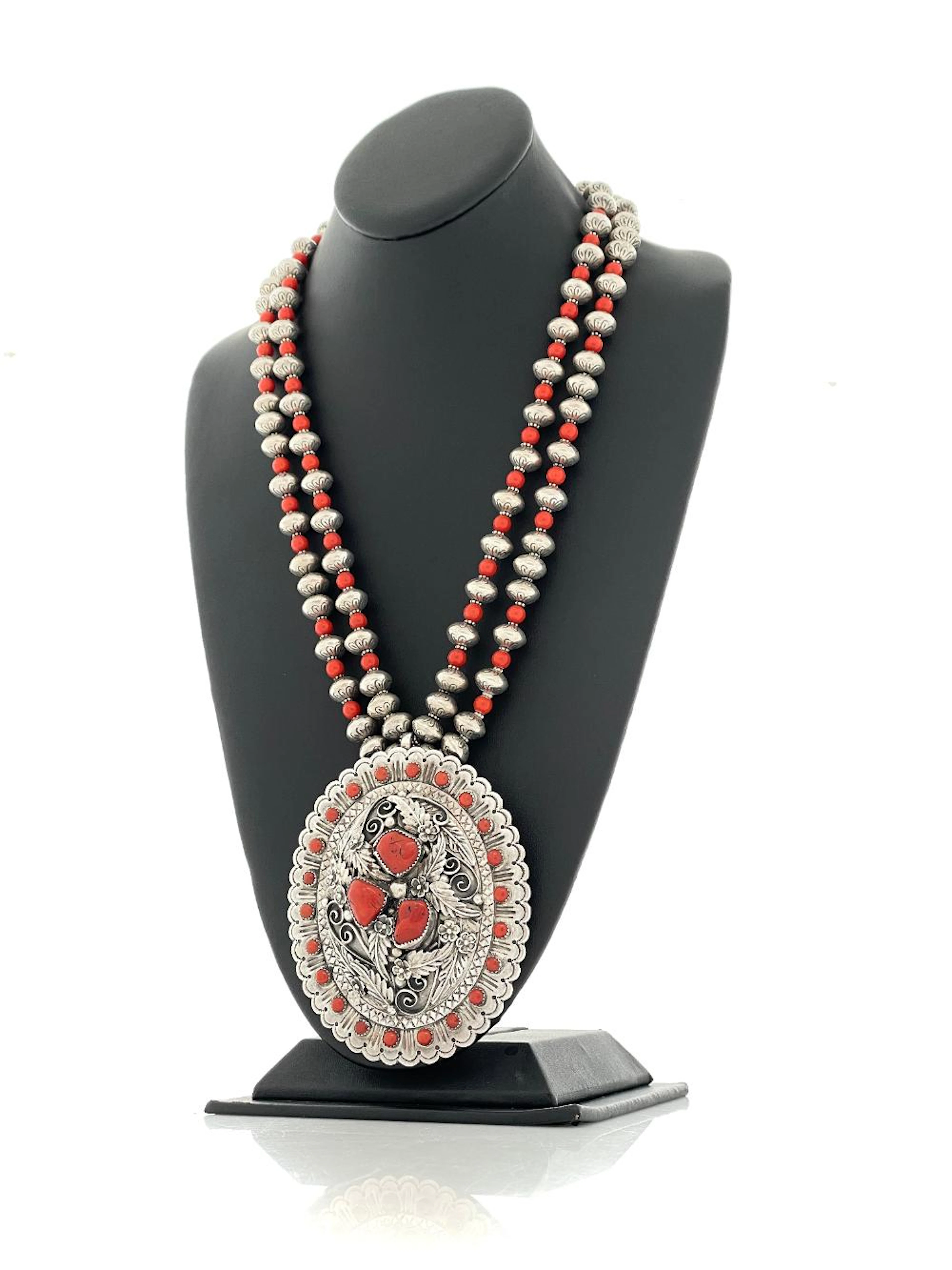 SOUTHWESTERN STERLING SILVER CORAL PENDANT NECKLACE