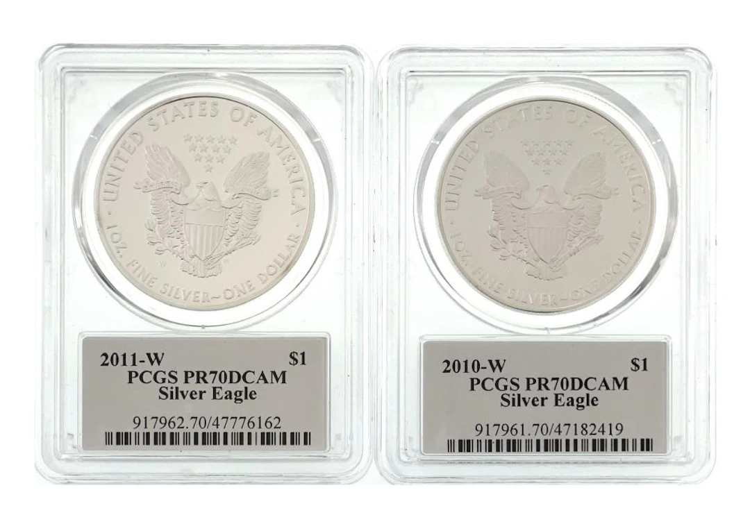 LOT OF 2 2010-W & 2011-W AMERICAN SILVER EAGLES PCGS PR70DCAM