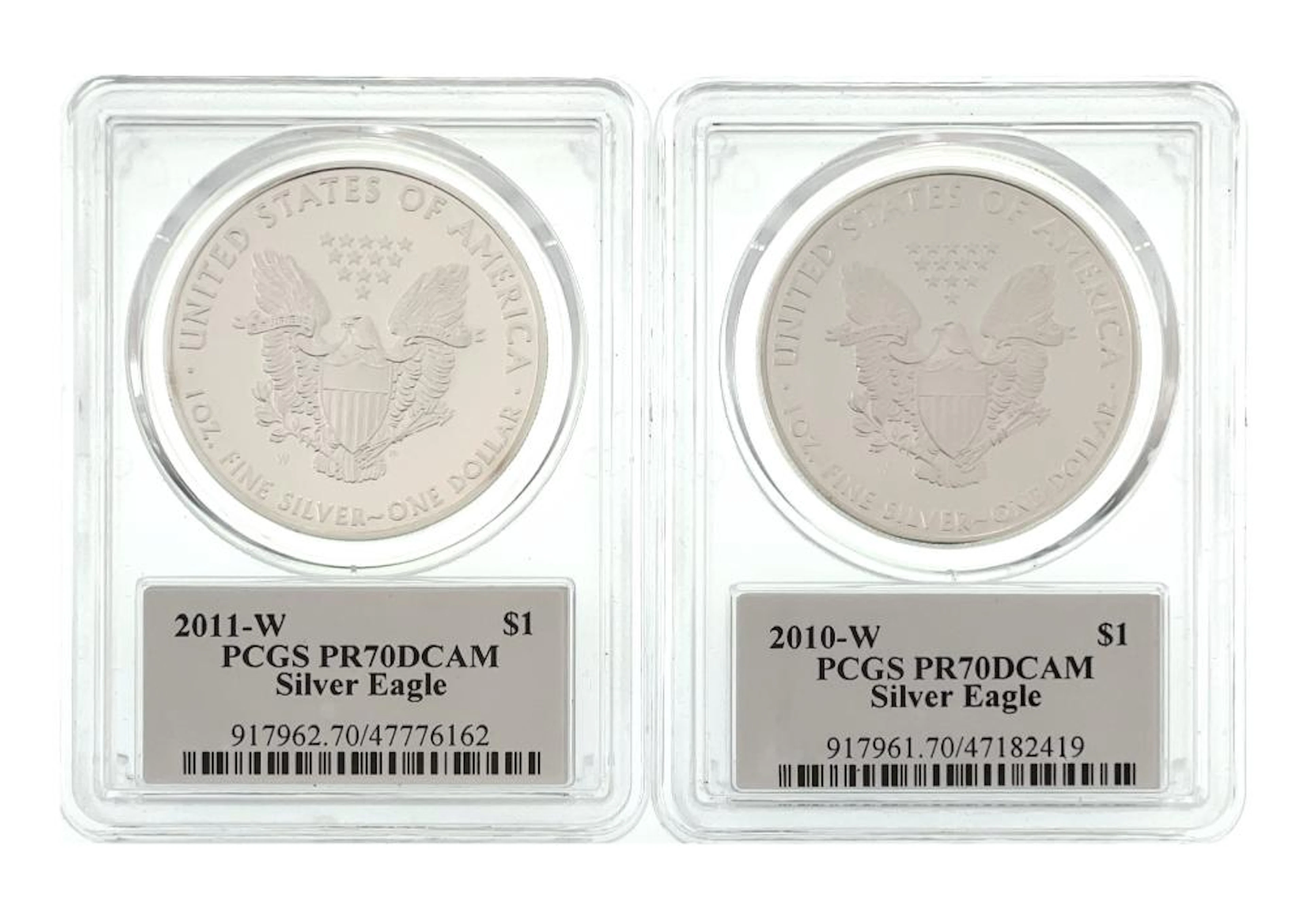 LOT OF 2 2010-W & 2011-W AMERICAN SILVER EAGLES PCGS PR70DCAM