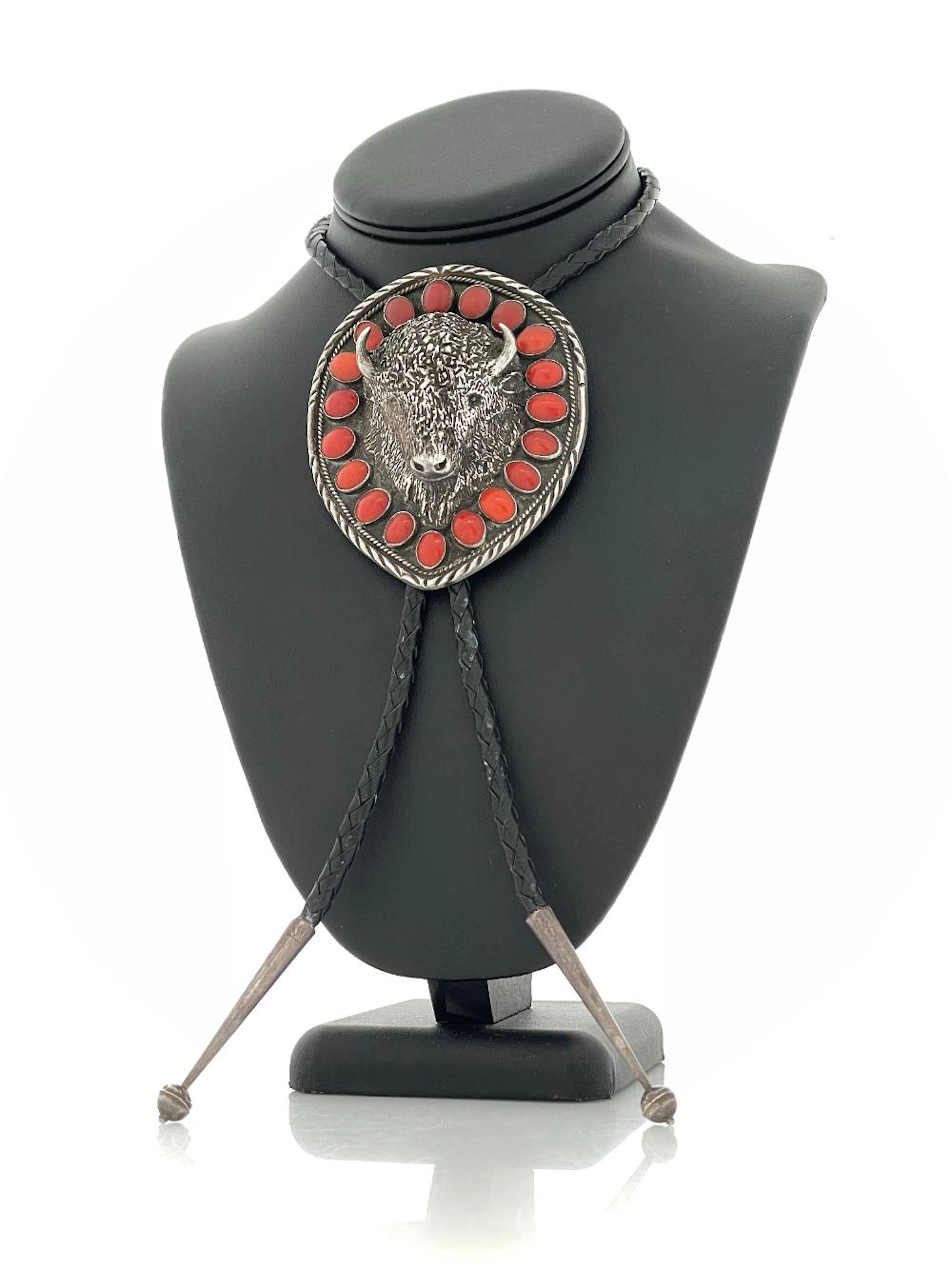 FC SIGNED STERLING SILVER CORAL BISON BOLO TIE