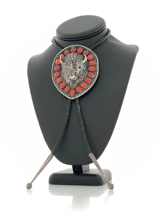FC SIGNED STERLING SILVER CORAL BISON BOLO TIE