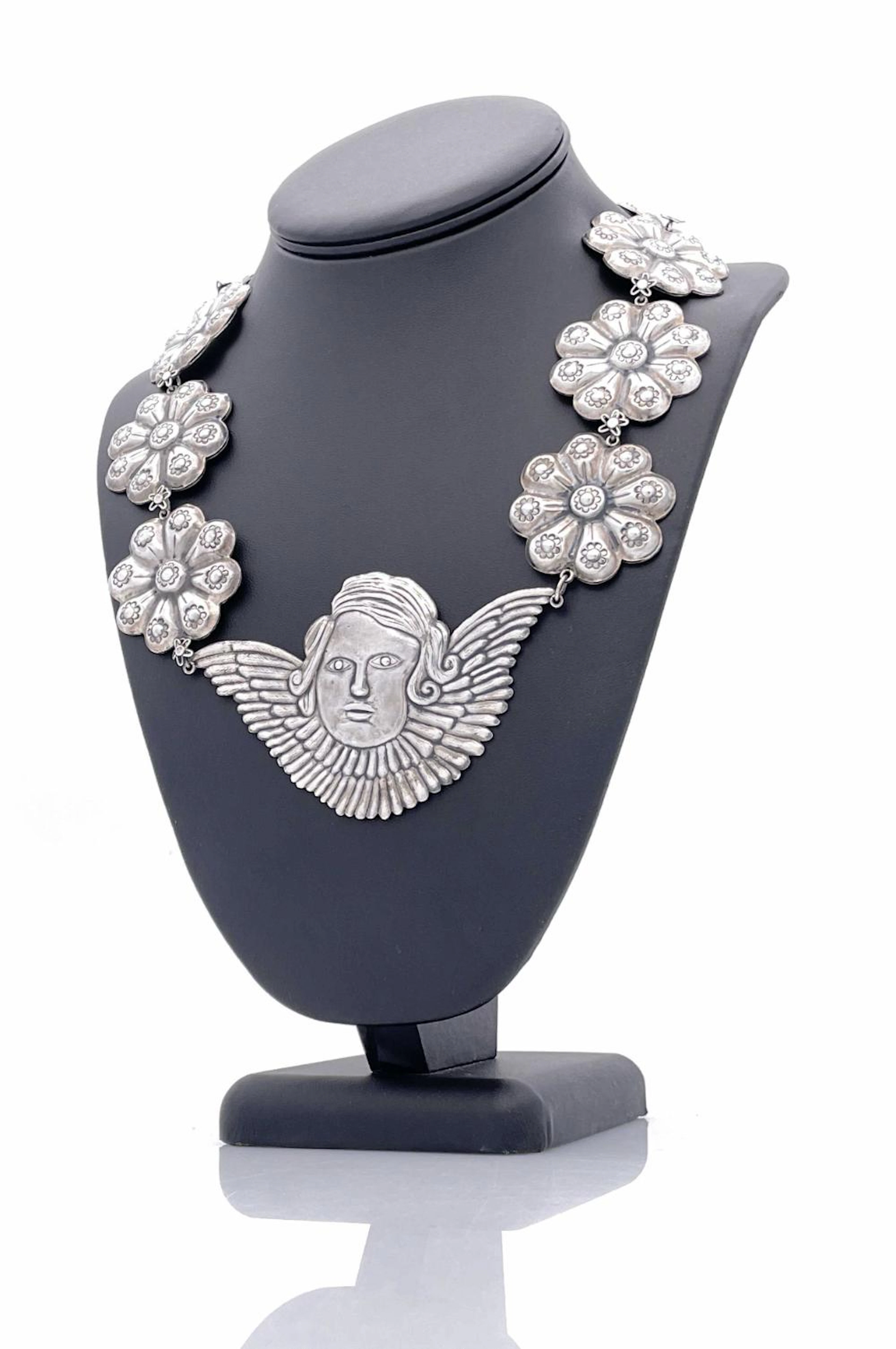 FEDERICO JIMENEZ STERLING SILVER ANGEL & FLORAL NECKLACE
