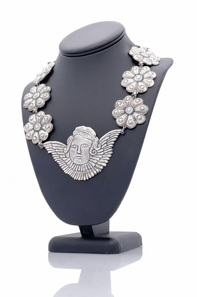 FEDERICO JIMENEZ STERLING SILVER ANGEL & FLORAL NECKLACE