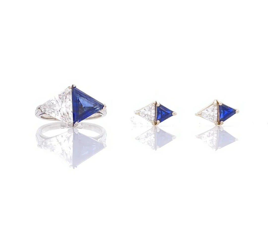 3PC 14K WHITE GOLD SAPPHIRE & CZ RING & EARRINGS SET