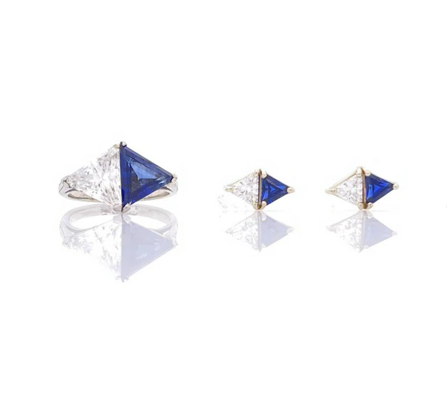 3PC 14K WHITE GOLD SAPPHIRE & CZ RING & EARRINGS SET