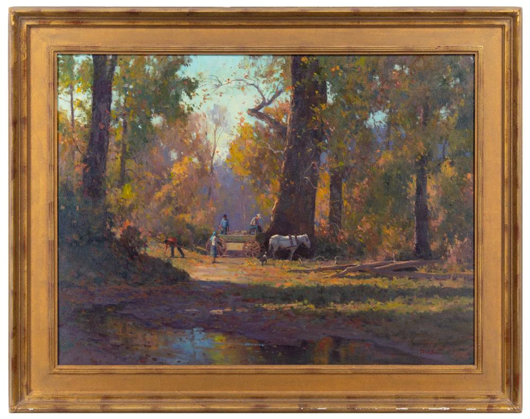 PHIL STARKE "GATHERING WOOD FOR THE WINTER" OIL ON CANVAS