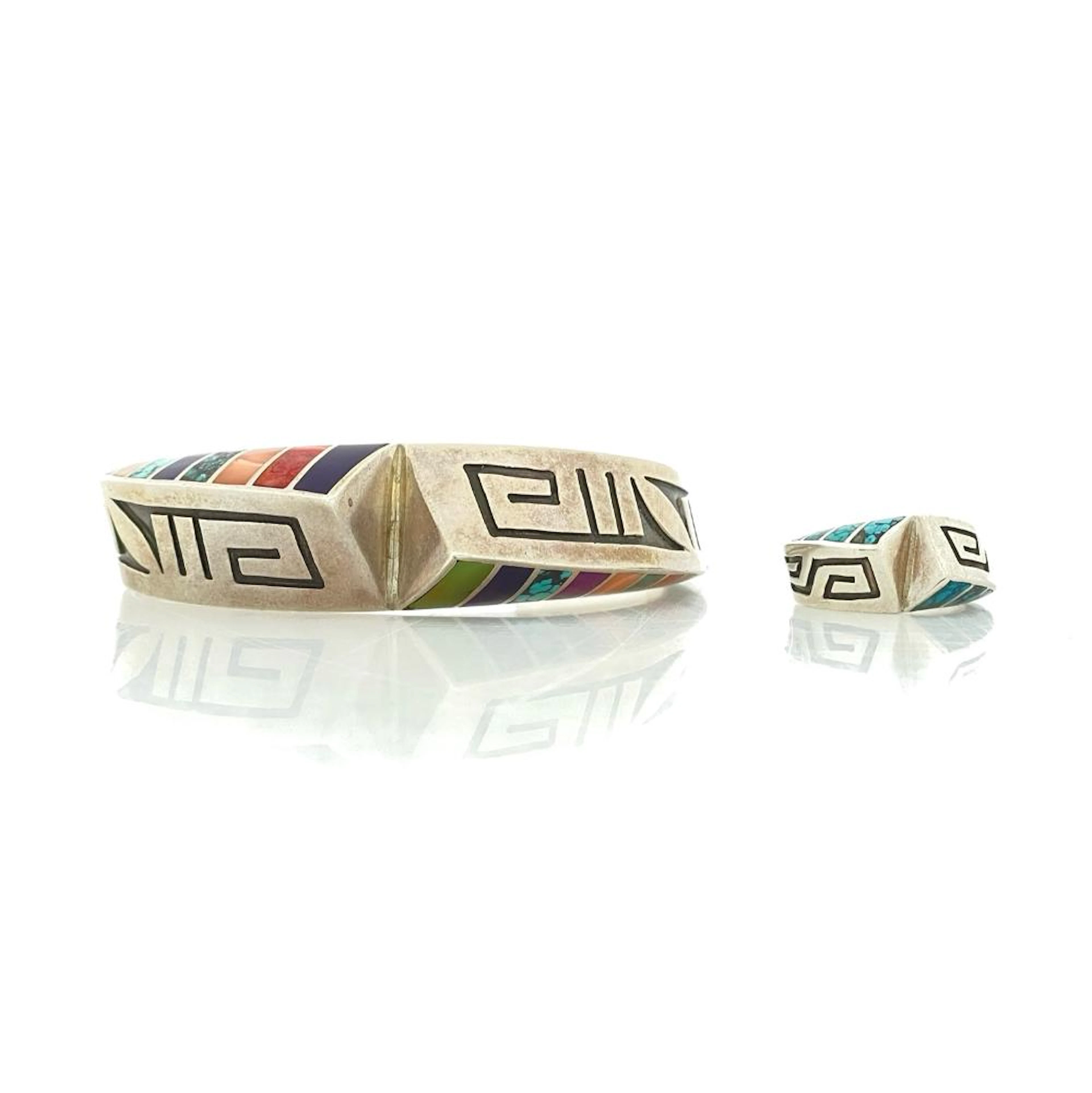2PC LONN PARKER NAVAJO STERLING SILVER MULTI STONE CUFF & RING