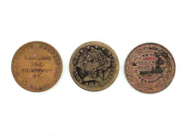 LOT OF 3 ANTIQUE DAGUERREIAN PHOTOGRAPHY ADVERTISING TOKENS