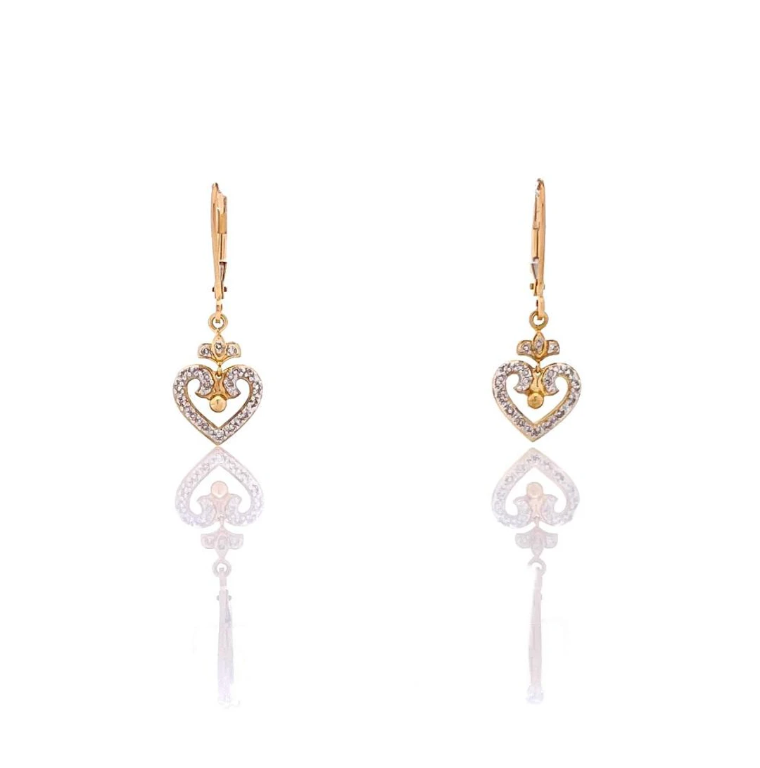 14K YELLOW GOLD .10CTTW DIAMOND HEART DANGLE EARRINGS