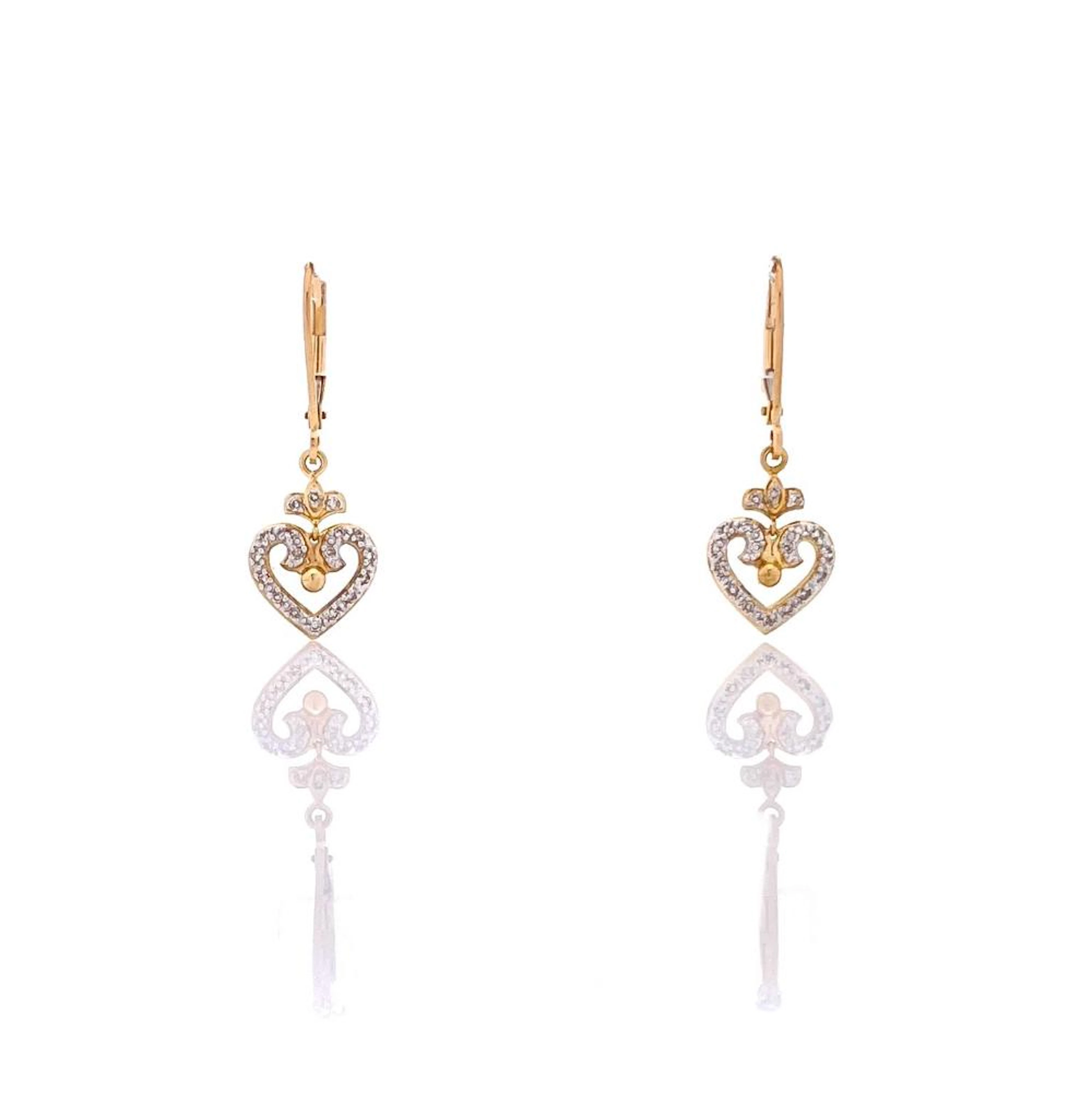 14K YELLOW GOLD .10CTTW DIAMOND HEART DANGLE EARRINGS