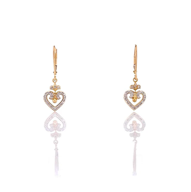 14K YELLOW GOLD .10CTTW DIAMOND HEART DANGLE EARRINGS