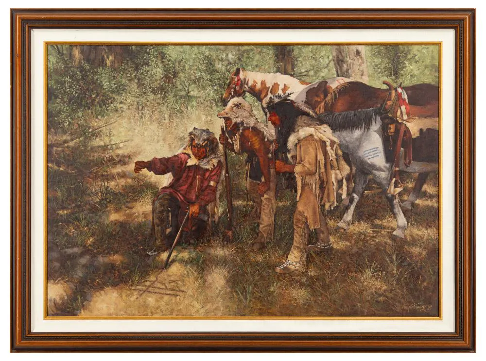 CRAIG TENNANT "INDIANS LOOKING AT TRACKS" OIL ON CANVAS