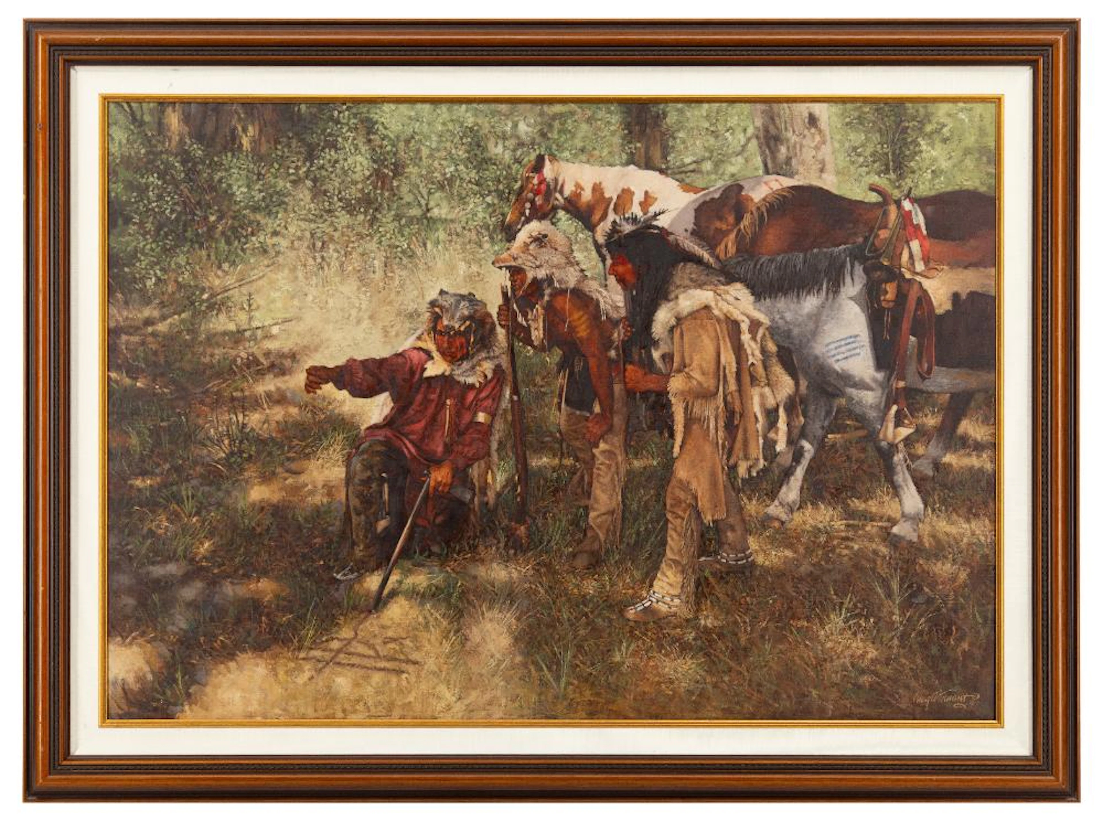 CRAIG TENNANT "INDIANS LOOKING AT TRACKS" OIL ON CANVAS