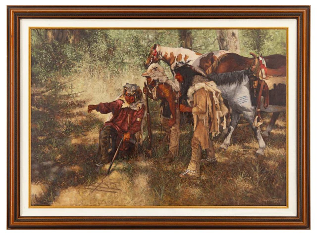 CRAIG TENNANT "INDIANS LOOKING AT TRACKS" OIL ON CANVAS