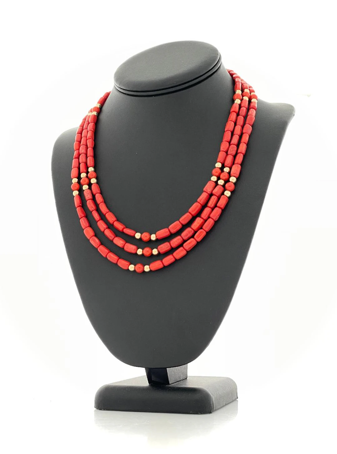 VINTAGE C. & A. LESENER 14K YELLOW GOLD & RED CORAL THREE-STRAND NECKLACE