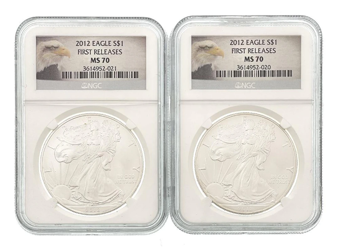LOT OF 2 2012 AMERICAN SILVER EAGLES FIRST RELEASES NGC MS70