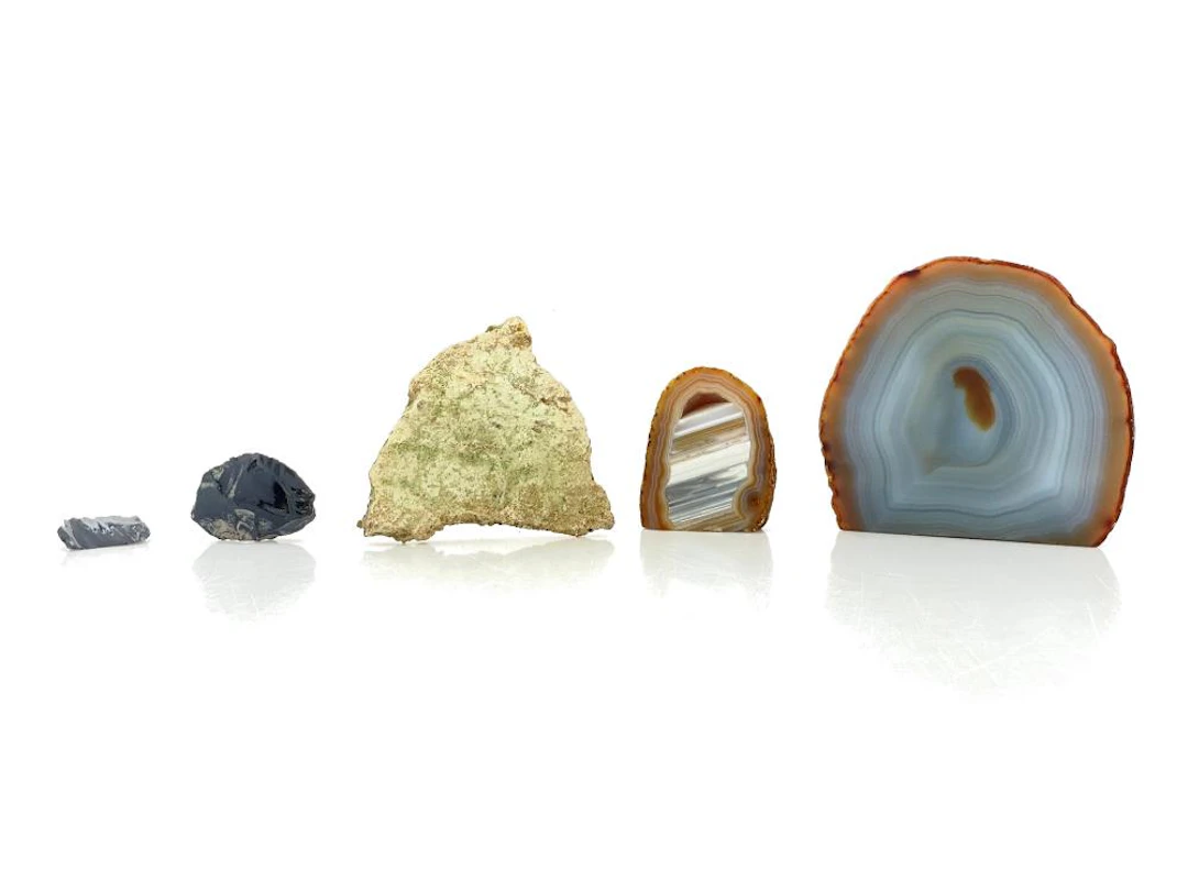 5PC AGATE GEODE, OBSIDIAN & CHRYSOPRASE SPECIMENS