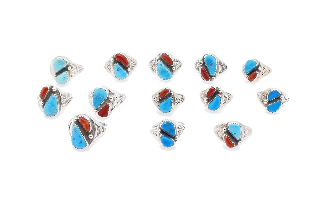 LOT OF 13 MARY LINCOLN NAVAJO STERLING SILVER TURQUOISE & CORAL RINGS