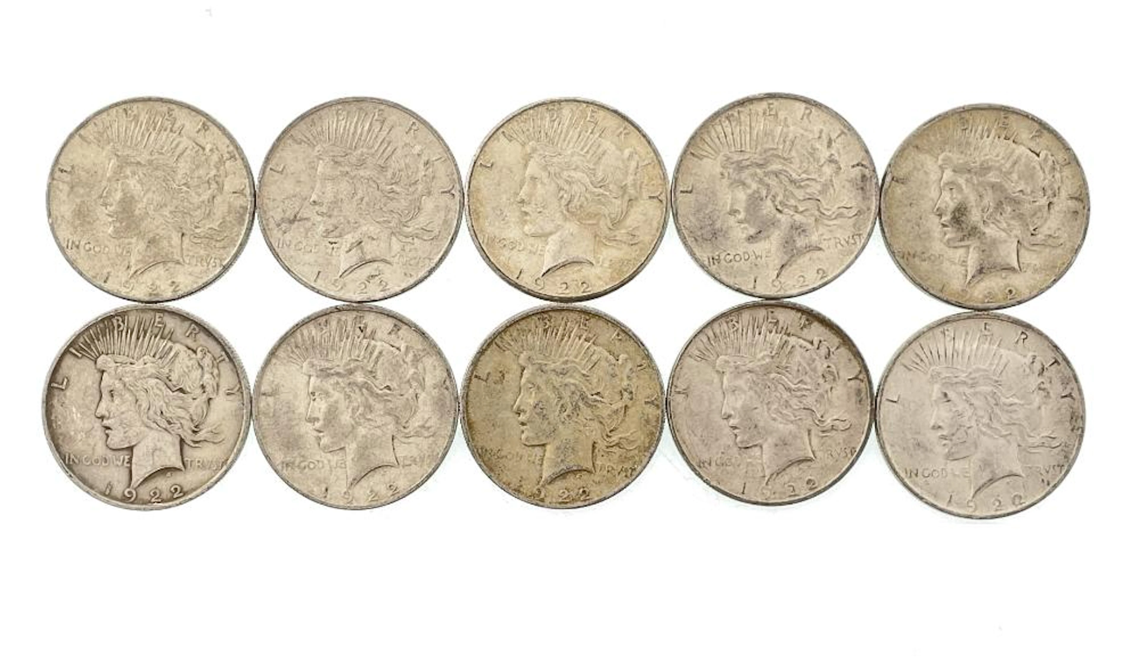 LOT OF 10 1922 SILVER PEACE DOLLARS