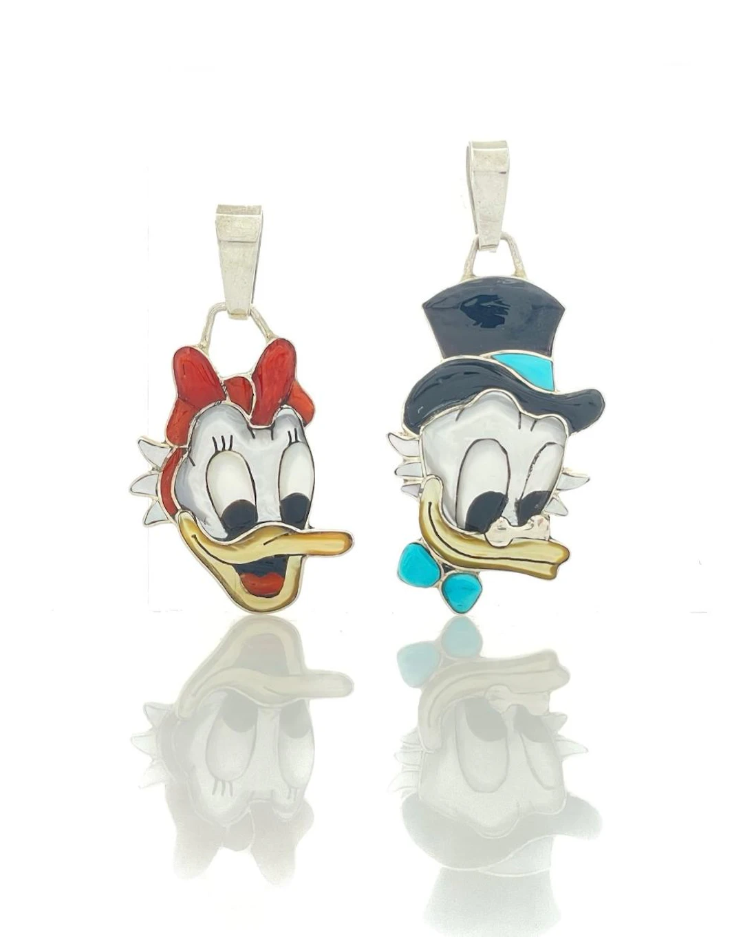2PC DON DEWA ZUNI STERLING SILVER MULTI STONE INLAY SCROOGE MCDUCK