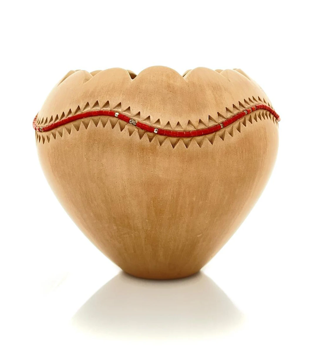 CAROLINE LUCERO-CARPIO ISLETA PUEBLO CARVED BUFFWARE WITH CORAL AND