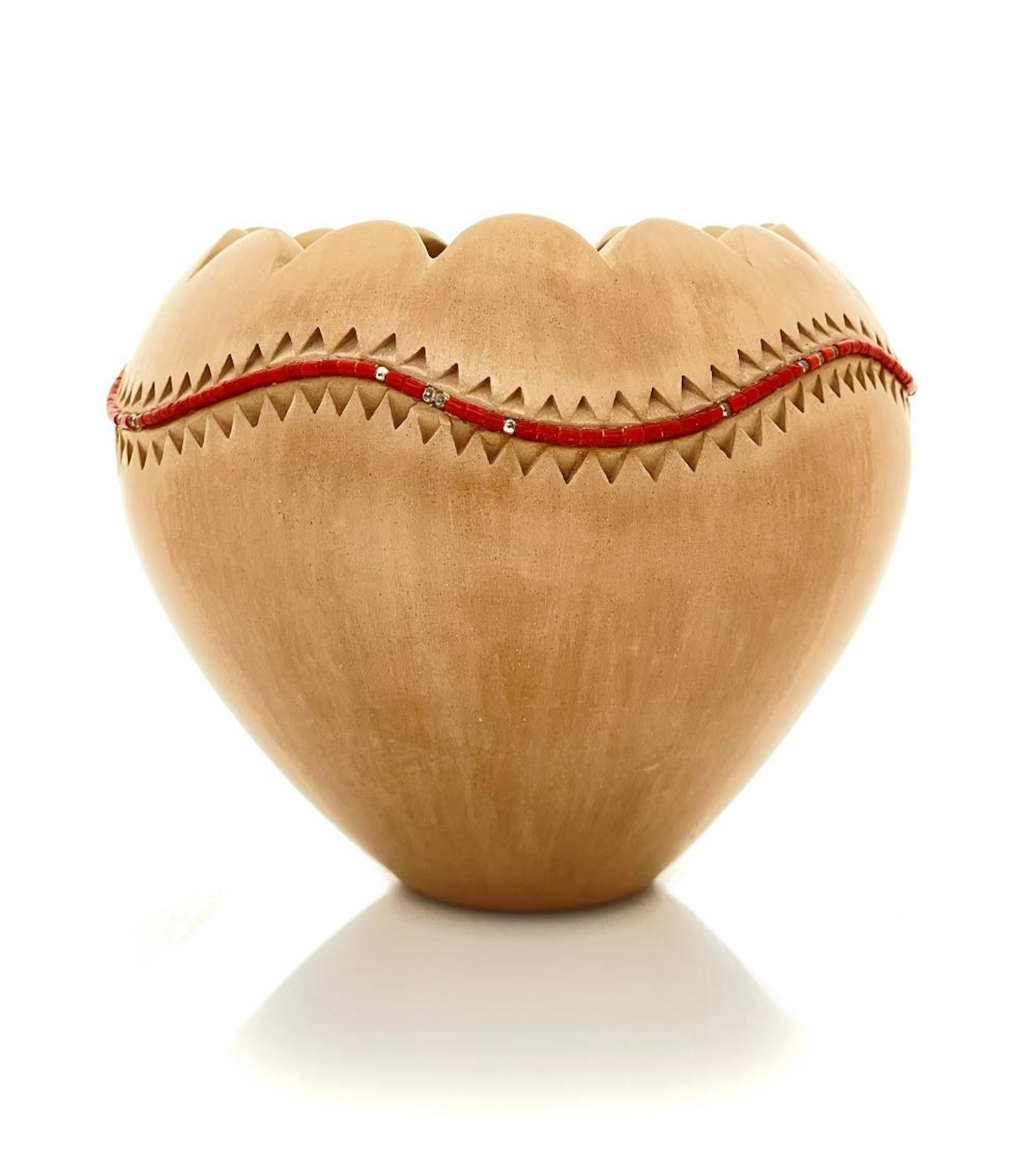CAROLINE LUCERO-CARPIO ISLETA PUEBLO CARVED BUFFWARE WITH CORAL AND