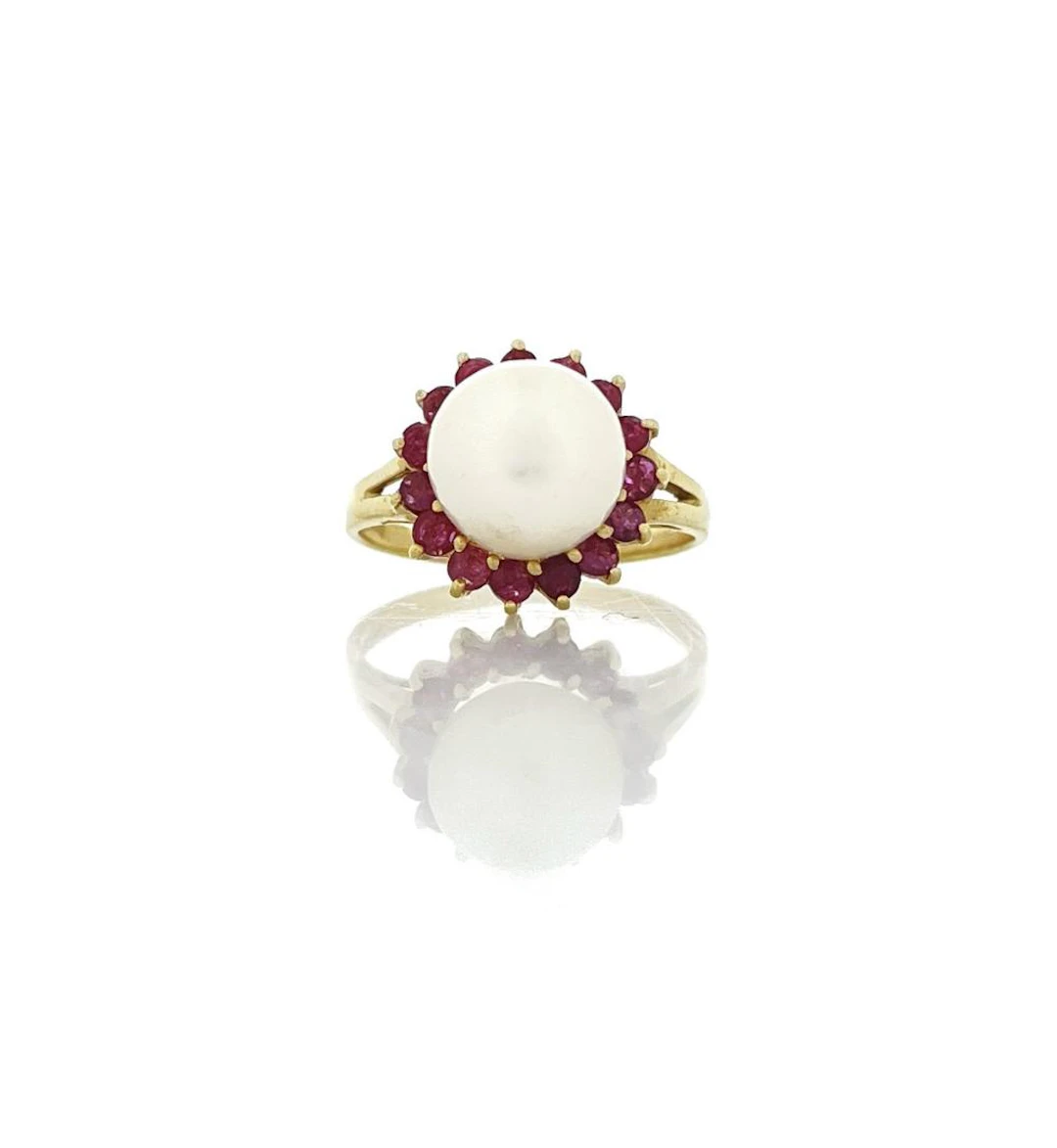 14K YELLOW GOLD .75 RUBY & PEARL HALO RING