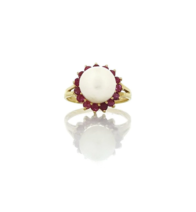14K YELLOW GOLD .75 RUBY & PEARL HALO RING