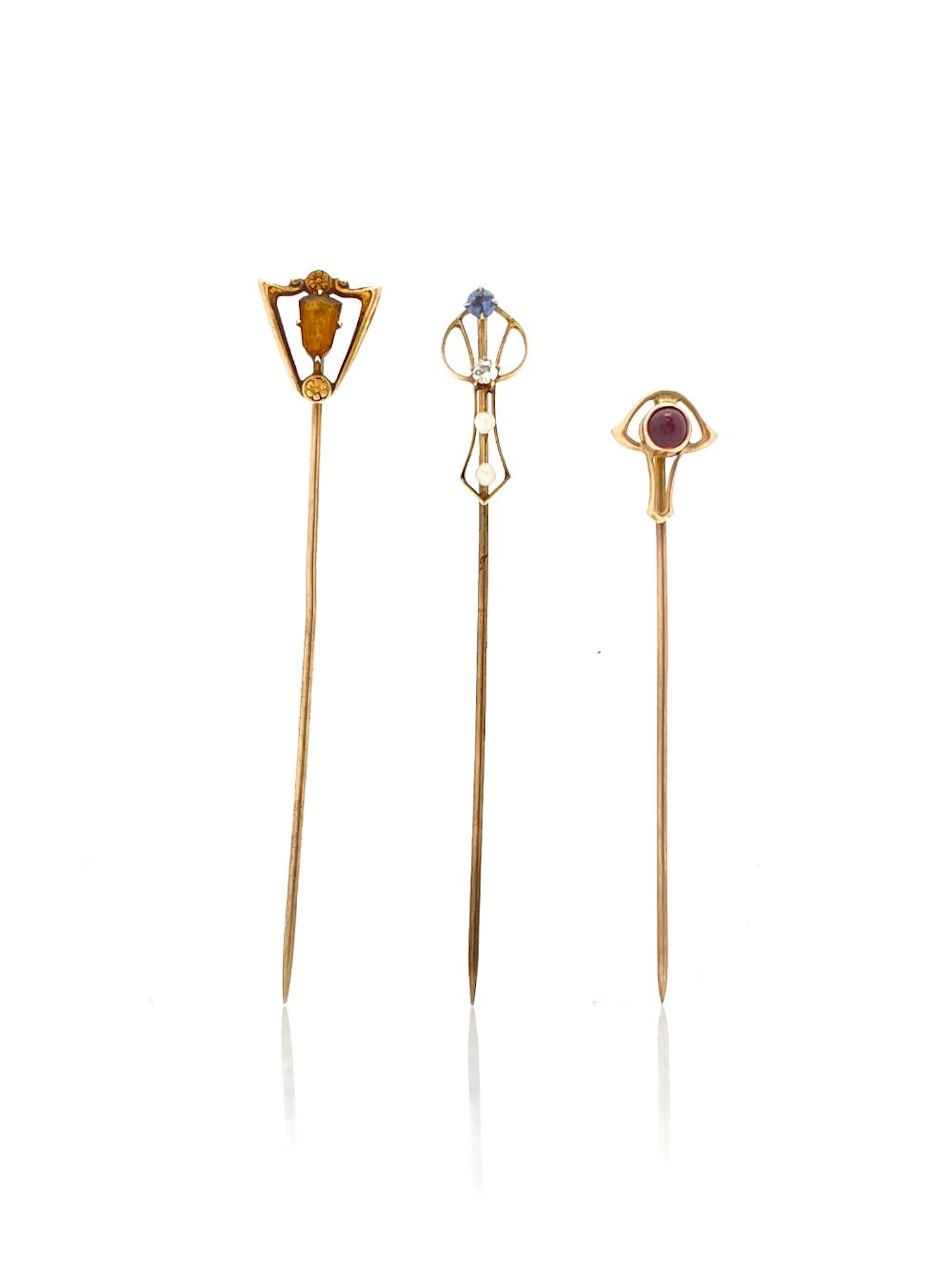 LOT OF 3 ANTIQUE 10K YELLOW GOLD MULTI GEMSTONE & PEARL STICK PINS